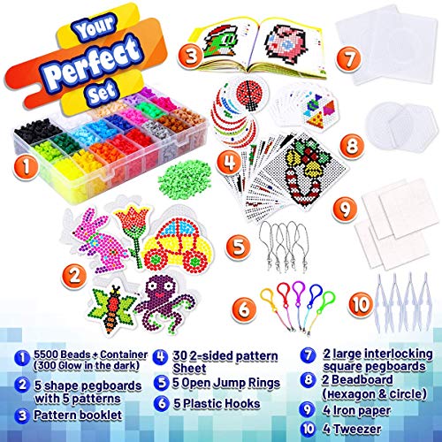 Goodyking 5500 Pcs+ Arts and Crafts Fuse Beads Kit for Kids with Instruction - 5mm Pixel Art Melty Plastic Beads Set with 111 Patterns, 21 Assorted